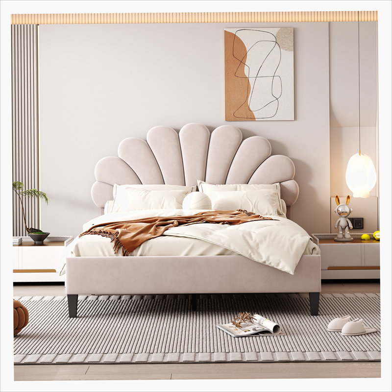 Rosdorf Park Upholstered Platform Bed with Flower Pattern Velvet Headboard